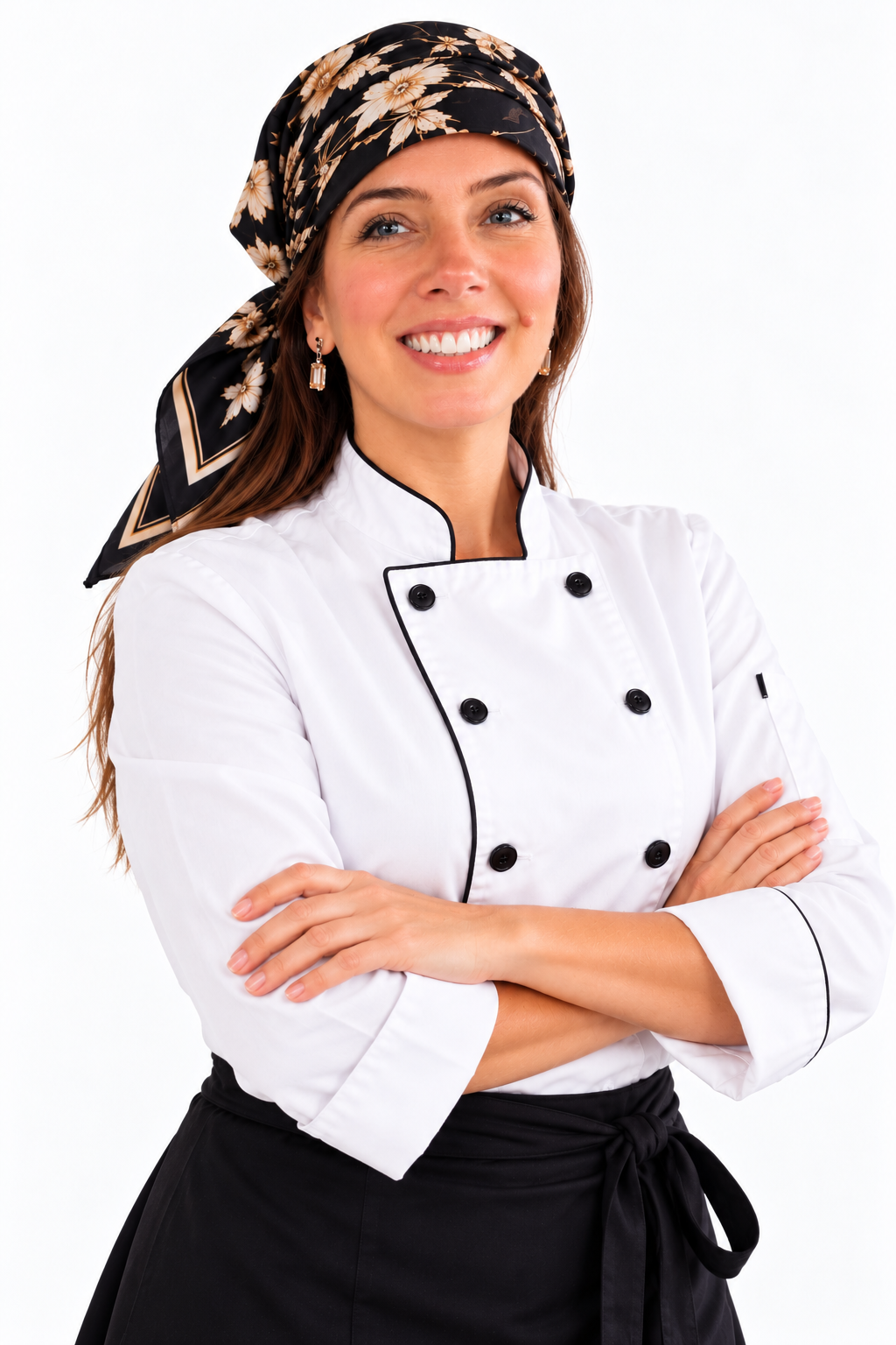 Milene Pereira wearing her chef’s jacket and floral headscarf